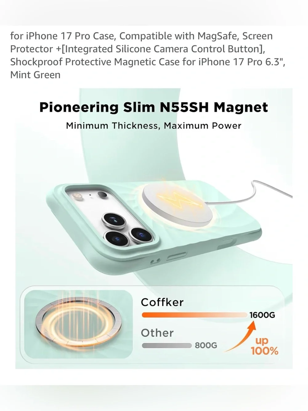 Mint Green iPhone 17 Pro Magnetic Silicone Case with Screen Protector NEW